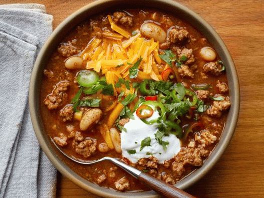 Foto di chili di tacchino con fagioli bianchi