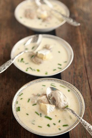 Zuppa di crema fotografica con ostriche, brie e champagne