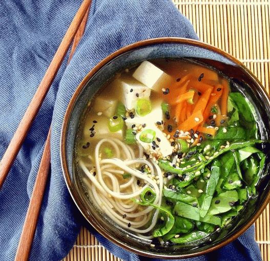 Zuppa di foto con spaghetti di spinaci, tofu e soba